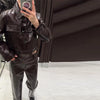 Leather Women's Pants Sets Chic Laple Single Breasted Long Sleeve Jackets Elastic Waist Straight Pants Suit Lady Outfits