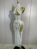 Sexy Mesh See Through Long Dress Women Elegant White Pearls Sequins Birthday Evening Celebrate Party Nightclub Show Stage Wear