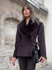Women Big Faux Fur Lapel V‑Neck Wool Blend Blazer Jacket Double Button Fitted Waist Long Sleeve Elegant Outerwear Coat