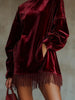 Women Velvet Tassel Hem Mini Dress Pockets Turtleneck Loose Chic Lantern Sleeve Solid Casual Elegant Autumn Vintage Dress