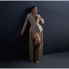 Women Two-Piece Set Turn‑Down Collar Long Sleeve Cinched Waist Blazer Maxi Fringe Slit Skirts Elegant Chic Outfits