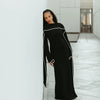 White Pearl Trim Cape Maxi Dress Women Elegant Long Sleeve Cinched Waist Muslim Robes Spring Eid Abaya Lady Dresses