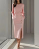 Women's Solid Color Long Sleeves Elegant Midi Dress with Button Details and Side Slit - Crew Neck