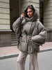 Hooded Batwing Sleeve Tie Waist Puffer Coat Fit Quilted Warm Winter Women Street Outerwear Chic Casual Outfit