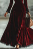 Elegant Velvet Dress for Women's Autumn Casual Sexy V-Neck Vintage Solid Lace Hem High Waist Pleated A-line Evening Dresses
