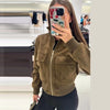 Vintage Faux Suede Jackets Women's Slim Full Sleeves Zipper Stand Collar Cropped Coats Ladies Autumn Solid Streetwear