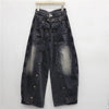 Autumn Style American Buttoned Denim Women's Pants High Street Loose Distressed Full Length Pants