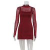 Sexy Women's Burgundy Mini Dress Turtleneck Transparent Long Sleeve A-line Short Dresses Evening Party Prom Cocktai