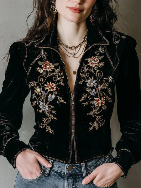 Retro Jacket for Women's Autumn Casual Zipper-fly Lapel Collar Floral Printed Short Coat Chic Ethnic Vintage Jackets Outerwear