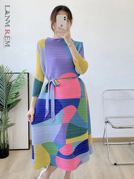 Pleated Printing Dress For Women Spring Loose Color Block Dresses With Belt Female Clothes 2D1127