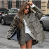 Army Green Multi-pockets Jacket For Women Hiking Long Sleeve Drawstring Waist Military Coats Lady Chic Street Outerwear