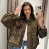 Green Faux Suede Jacket Women's Bomber Jacket Autumn Coats & Jackets Chic Elegant Pockets Long Sleeve Outerwear
