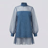 Women Stand Collar Denim Dress Organza Mesh Hem Overlay Long Puff Sleeve Pocketed Ruffle Hem Casual Streetwear Mini Dress