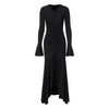 Women Elegant Ruffle Hem White Long Dress Shirring V-neck Flare Long Sleeve Dresses Evening Party Robes Vestido