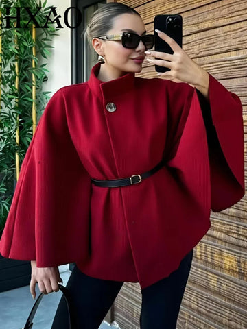 Women's Jackets Oversized Belt Tunic Jacket Autumn Winter Coat Female Red Brown Black Jacket Cropped Bat Sleeved Outerwears