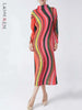 High Collar Long Sleeve Women Dresses Contrast Color Striped Pleated Slim Mid-Calf Elegant Clothing 2DC1022