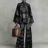 Women Flare Sleeve Printed 2 Piece Sets Stand Collar Loose Blouse High Waist Wide Leg Pants Suit Boho Solid Resort Casual Outfit