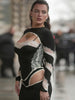Hollow Jacquard Patchwork Dress Women Chic Full Sleeve O-Neck Stretch Skinny Sexy Hottie Banquet Party Club Vestidos