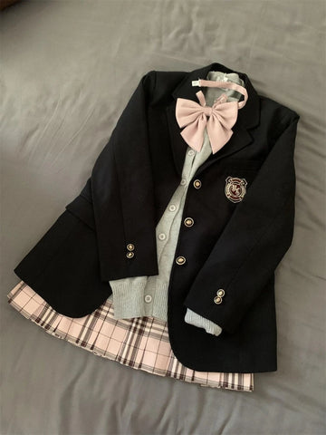 Spring JK Style School Uniform Design Woman Suit Preppy Blazer Plaid Skirt Vintage Korean Style Female Y2k 3 Piece Sets Outfits