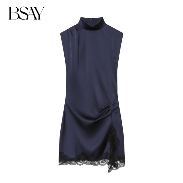 Satin dresses women's clothing back zip hem lace patchwork slit sexy nightclub mini dress chic French Evening