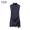 Satin dresses women's clothing back zip hem lace patchwork slit sexy nightclub mini dress chic French Evening