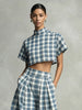 Women's Blue Plaid Two Piece Set Mock Neck Crop Top High Waisted Wide Leg Pants Casual Elegant Outfit