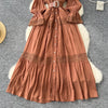 Chic Lace Slim Stand Collar Long Sleeve Spliced Single Breasted Dress High Street Vintage Evening Women Autumn Winter Clothing