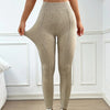Women High Waisted Sand Washed Ribbed Leggings V Shaped Waistband Peach Hip Lifting Yoga Fitness Pants Stretchy Workout Leggings