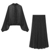 Women's Polka Dot Blouse Skirt Set Spring High Neck Batwing Sleeve Sheer Front Tie Bow Midi A-Line Dress Set