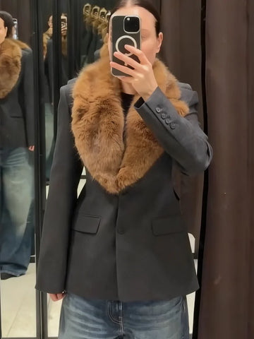 Faux Fur Lapel Suit Coats For Women Chic Single Breasted Long Sleeve Blazer Jacket Autumn Office Lady Outerwear