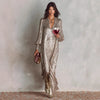 Elegant Slit Sequin Dress Women Autumn Winter Long Sleeve V-neck Loose Maxi Party Dresses Casual