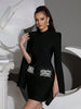 Black Women's Diamond Cloak Sleeve Design Bandage Mini Dress Long Sleeve Elegant Birthday Party Wedding Guest