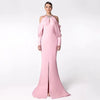 High Street Designer Women's Stand Collar Beaded Diamonds Chiffon Off Shoulder Long Sleeves Party Long Dress
