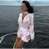Women's Pink Floral Print Puff Sleeve Dress With Waistband Deep V-neck Chic Satin Ruffled Hem Mini Dress Elegant Sexy Robes