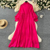 Spring Vintage Loose Dresses Women Lantern Sleeve Turn-down Collar Solid Single Breasted Casual Folds Long Dress