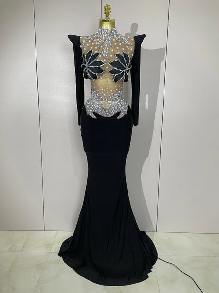 Sparkly Diamonds Pearl Black Sexy See Through Mesh Long Dress Women Wedding Evening Birthday Party Stage Photoshoot Dress