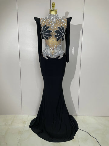 Sparkly Diamonds Pearl Black Sexy See Through Mesh Long Dress Women Wedding Evening Birthday Party Stage Photoshoot Dress