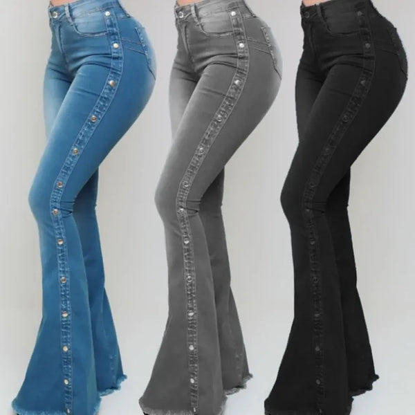 Jeans High Waist Strecth Denim Flare Pants Women Vintage Trousers Buttons Denims Streetwear Autumn Female Floor Length