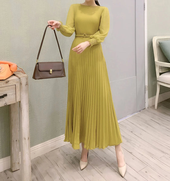 Pleated Dress Women Long Dresses A Line Round Neck Long Sleeve Party Maxi High Waist Belt Slim Sexy Elegant Splice Vestidos