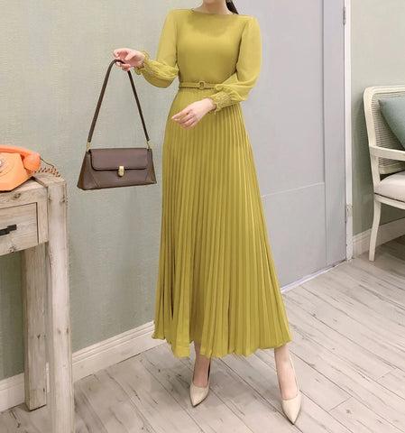 Pleated Dress Women Long Dresses A Line Round Neck Long Sleeve Party Maxi High Waist Belt Slim Sexy Elegant Splice Vestidos