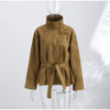Chic Green Suede Lace Up Jackets Women Loose Stand Collar Belt Long Sleeve Buttons Coats Autumn Winter Lady Outwear
