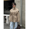 Lace Up Stand Collar Trench Coat Women Chic Lapel Single Breasted Waist Cinching Lady Autumn Commute Street Coats