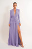 Women Glitter Maxi Evening Dress Deep V Neck Long Sleeve Ruched High Slit Formal Party Dress For Wedding Guest Prom