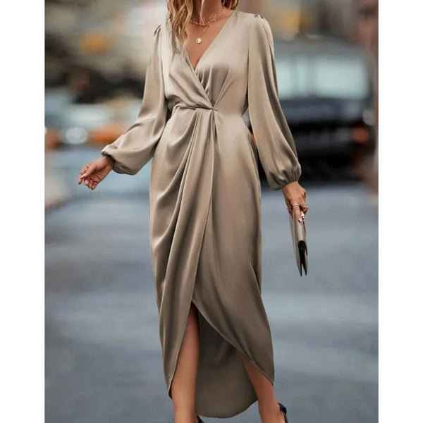 Women's Satin Evening Party Maxi Dress Draped Silk V-Neck Long Sleeve Office Lady Midi Dresses Vestidos Sexy Chic Robes Longue