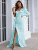Light Blue Sequin Party Dress Women One Shoulder Long Sleeve Ruffles Side Split Draped Evening Prom Dresses Long Gown