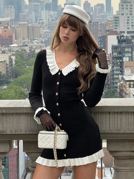 Elegant Ruffle Knitted Mini Dress Women Patchwork V Neck Long Sleeve Slim Short Dress Autumn Vintage Evening Party Vestidos