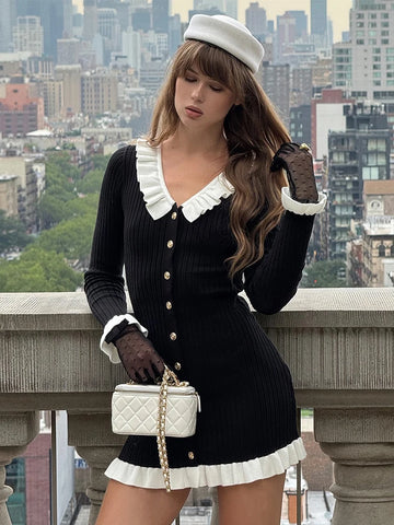 Elegant Ruffle Knitted Mini Dress Women Patchwork V Neck Long Sleeve Slim Short Dress Autumn Vintage Evening Party Vestidos