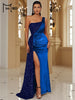 Wine Sequin Evening Dress Elegant Women One Shoulder Draped Split Wedding Party Prom Dresses Bridesmaid Wine Long Gown