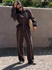 Women Black Track Suit Jacket Two Piece Suit Zip Up Cinch Waist Coat Wide Leg Pants Lady Autumn Street Matching Set