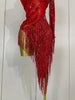 Sparkly Rhinestones Tassel Sexy See-Through Dress Women One Shoulder Latin Dance Outfits Bars Nightclub Party Stage Costume